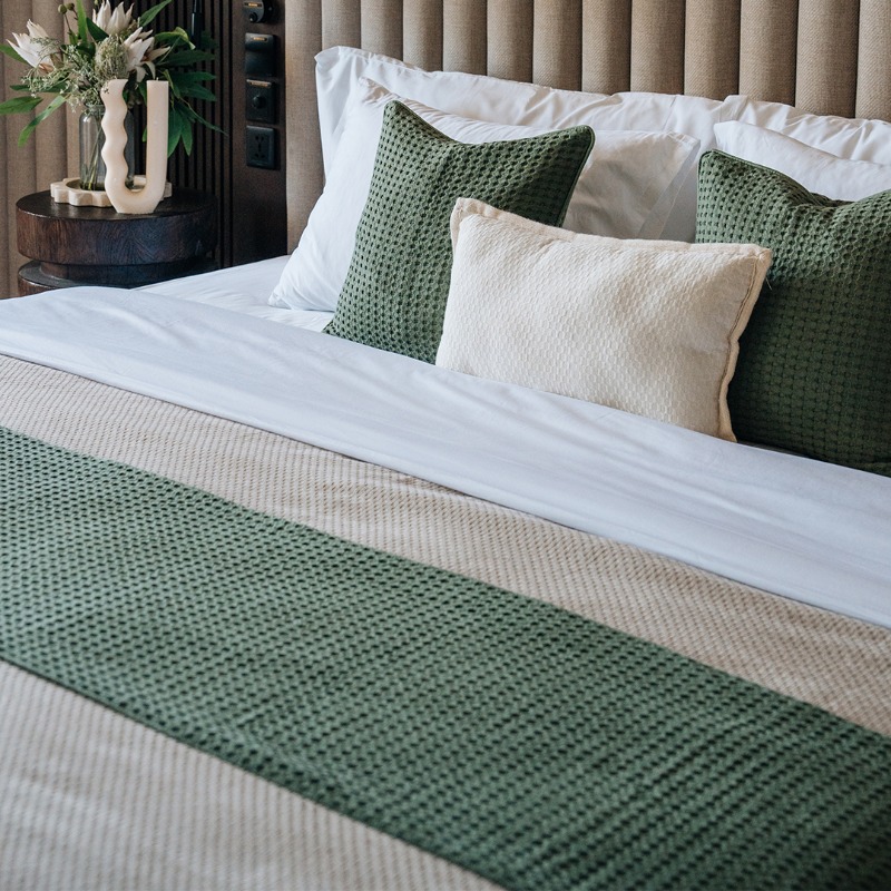 IndoLinen Sage Green Bed Runner Set Cotton Waffle
